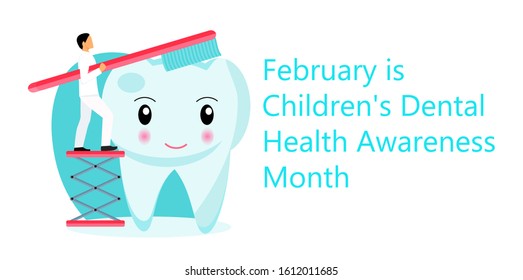 Children's Dental Health Awareness Month in February concept vector. National Dental Hygiene Month, week, day. Tiny dentist cleaning cute tooth to help toothache, to whiten enamel.