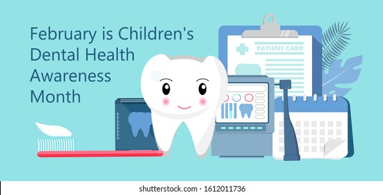 Children's Dental Health Awareness Month in February concept vector. National Dental Hygiene Month, week, day. Tiny dentist cleaning cute tooth to help toothache, to whiten enamel.