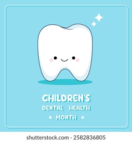 Children's Dental Health Month. Cute kawaii tooth. A character in pediatric dentistry. The concept of dental health