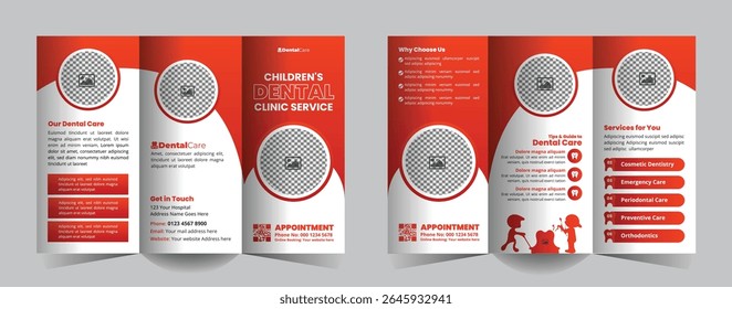 Children's Dental Healthcare Tri-Fold Brochure Design for Hospitals or Clinics. A sleek, professional template for promoting services, Teeth and oral treatments, and patient care offerings