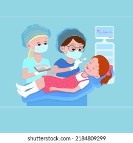 Children's dental treatment under general anesthesia.Square cartoon illustration of a child's teeth treatment under general anesthesia.