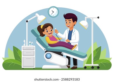 Children's dentist. Dental treatment. The doctor examines a child who has lost his first tooth. Vector illustration on a white background. Flat design