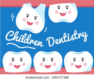 Children's dentistry, a Concept for a banner or advertising poster. Swinging and drops a baby tooth. Vector illustration