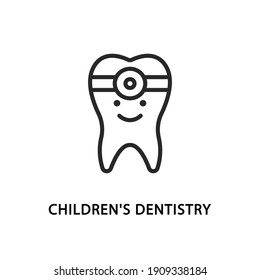 Childrens dentistry flat line icon. Vector illustration funny tooth to indicate baby dentistry in the clinic.