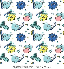 Children's dentistry. Funny characters, healthy teeth, toothbrush, peppermint leaf. Seamless pattern. Vector.