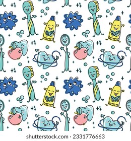 Children's dentistry. Funny characters, healthy teeth, toothbrush and dental floss, peppermint leaf,  microbes. Seamless pattern. Vector.