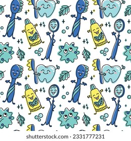 Children's dentistry. Funny characters, healthy teeth, toothbrush and dental floss, peppermint leaf,  microbes. Seamless pattern. Vector.