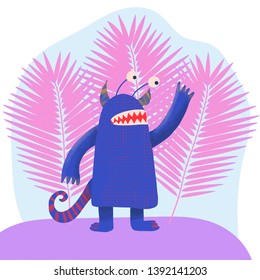 Children's design, cute attractive monster of blue color on a background of pink tropical monstera leaves. Vector illustration, fashion, print for t-shirts, cards, greetings on a white background.