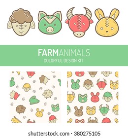 Children's design kit with farm animal emblems and seamless patterns. Happy and fresh color palette. Flat images with the strokes