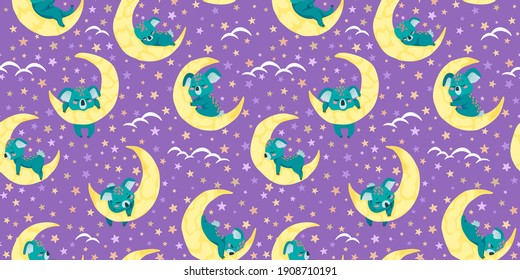 Children's design. Sleeping koala on the moon. Sky with stars. Seamless kids pattern, texture for textile and background. Print vector design for babies. Cartoon illustration