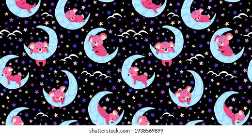 Children's design. Sleeping koala on the moon. Sky with stars. Seamless kids pattern, texture for textile and background. Print vector design for babies. Cartoon illustration