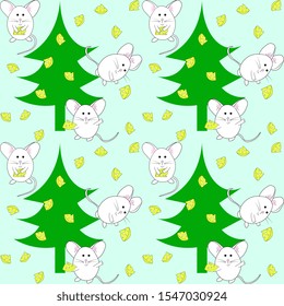Children's design vector. Seamless pattern with white mice with cheese and green Christmas trees scattered on a turquoise background. The illustration is fun, easy.
