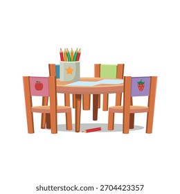 Escritório de crianças. Mesa redonda de escrita de crianças com cadeiras para crianças pequenas em um fundo branco. Vetor