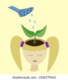 Children's development. A young sprout that is watered from a watering can. Little girl