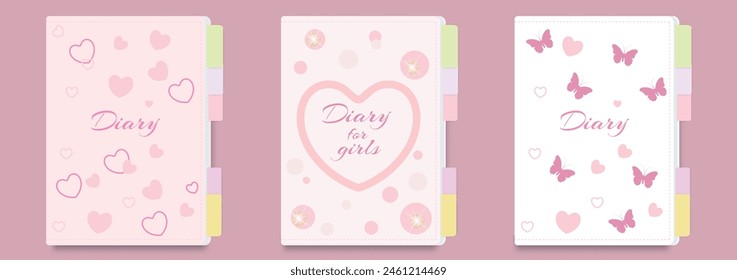 Children's diary cover template for girls with hearts, butterflies and rhinestones on a pink background. Set of title page designs for school notebooks, notepads, children's diaries, coloring books. 