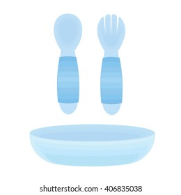 Children's dining items. Cutlery for kid. Fork, spoon and plate for baby boy.