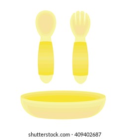 Children's dining items. Cutlery for kid. Fork, spoon and plate for baby.