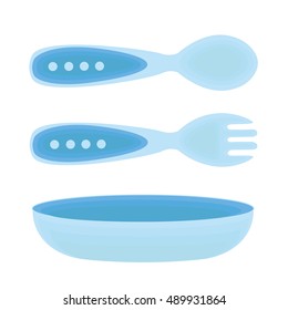 Children's dining items. Cutlery for kid. Fork, spoon and plate for baby boy.