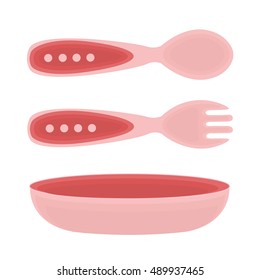 Children's dining items. Cutlery for kid. Fork, spoon and plate for baby girl.