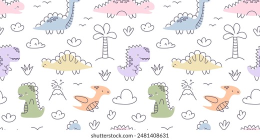 Childrens dinosaurs pattern. Cartoon seamless pattern with dinosaurs, plants and palm trees. Cute cartoon nursery pattern. Vector print for fabric, banner, wallpaper in children's bedroom, clothes