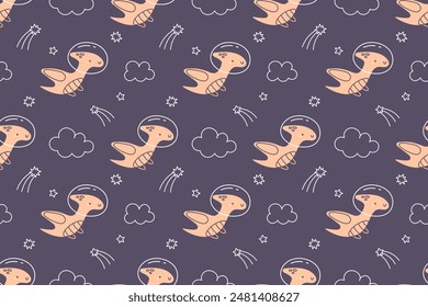 Childrens dinosaurs pattern. Dino in space seamless pattern. Astronaut dinosaur character design. Cute cosmos seamless pattern with dinosaurs, stars and clouds. Kids cartoon vector background.