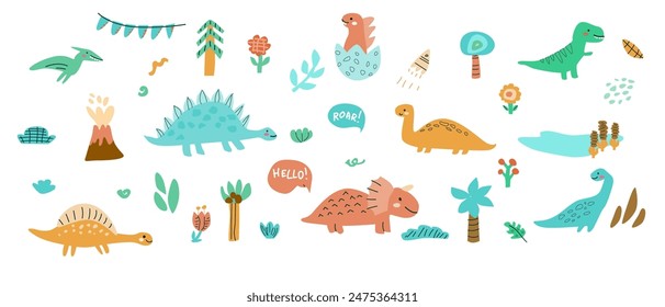 Childrens dinosaurs set, baby animals background. Dinosaurs characters collection, bundle. Can used for stickers, posters. Doodle baby animals for kids design. Dino with palm and plants.