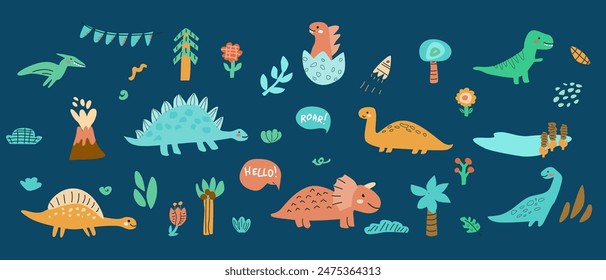 Childrens dinosaurs set, baby animals background. Dinosaurs characters collection, bundle. Can used for stickers, posters. Doodle baby animals for kids design. Dino with palm and plants.