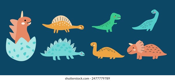 Childrens dinosaurs set, baby animals background. Dinosaurs characters collection, bundle. Can used for stickers, posters. Doodle baby animals for kids design.