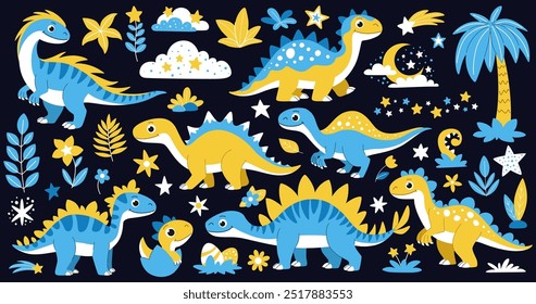 Childrens dinosaurs set. Collection of cute dinosaurs for childrens bedroom. Sweet dreams with dinosaurs. Sweet dreams with dinosaurs. Clouds, moon and stars. Magical animals. Dark background.