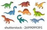 Childrens dinosaurs set. Cute cartoon dinosaur vector collection. Predatory and herbivorous dinos, iguanodon, triceratops, brontosaurus, mosasaur, plesiosaurus, tyrannosaurus, raptor and others.