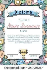 Children's diploma with multi-colored books and a gold champion cup, the concept of education and knowledge. Template for certificate, diploma, gratitude in vertical format. Vector illustration