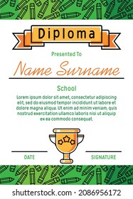 Children's diploma on the background of colored pencils, with the winner's cup. Template for certificate, announcement, certificate of appreciation, award. Vector illustration
