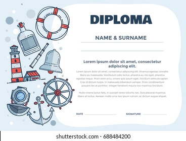 Children's diploma for pre-school or elementary school with nautical subjects. Training seamanship in summer camp. Vector illustration.