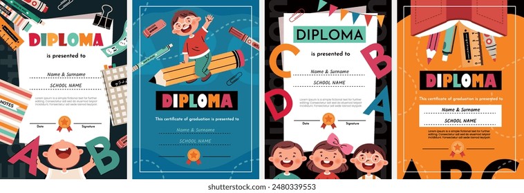 Vorlagen für Kinderdiplome. Glückwunschzertifikate für die Grundschule oder den Kindergarten. Helle Designs für die Gestaltung eines Posters, Flyers oder einer Karte.