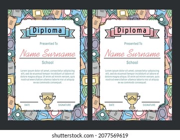 Children's diplomas with a book background and a gold winner's cup, pink and blue for boys and girls. Template for certificate, diploma, gratitude in vertical format. Vector illustration