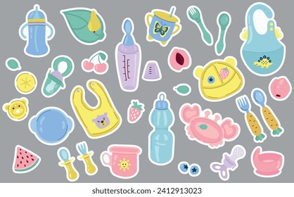 Children's dishware sticker set. Plates, forks, spoons, cups, nibbler.