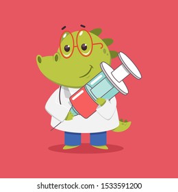 Children's doctor crocodile with syringe vector cartoon funny medical character isolated on background.