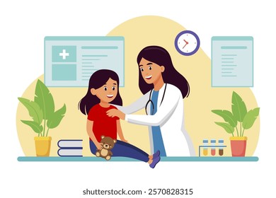 Children's doctor. Diagnostic center. Doctor examines a child. Medical examination of children. Vector illustration on a white background. Flat design