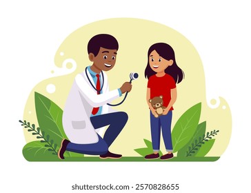 Children's doctor. Diagnostic center. Doctor examines a child. Medical examination of children. Vector illustration on a white background. Flat design