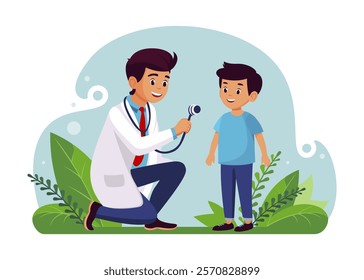 Children's doctor. Diagnostic center. Doctor examines a child. Medical examination of children. Vector illustration on a white background. Flat design