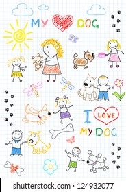 Children's and dogs. Sketch on notebook page
