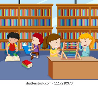 Niños haciendo actividades en la ilustración de la biblioteca