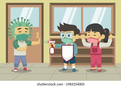 Children's Doing a Drama Show About Fighting Covid-19 in The School Hallway. Children Book. Vector Illustration.