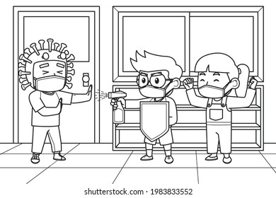 Children's Doing a Drama Show About Fighting Covid-19 in The School Hallway. Coloring Book. Vector Illustration.