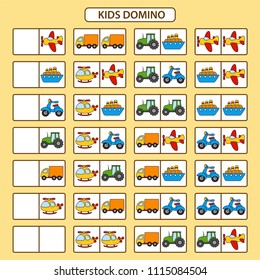 Children's dominoes with different vehicles. Children educational game. Printable activity, board game. Vector illustration