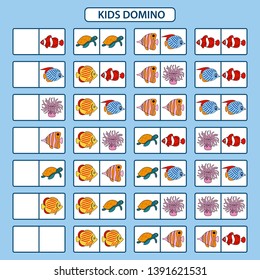 Children's dominoes on the sea animals and fish theme. Children educational game. Printable activity, board game. Vector illustration