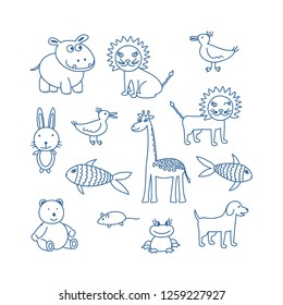 Children's doodle animals set. Hippopotamus, lion, dog, fish, bird, bear cub, giraffe, frog, rabbit. Vector illustration
