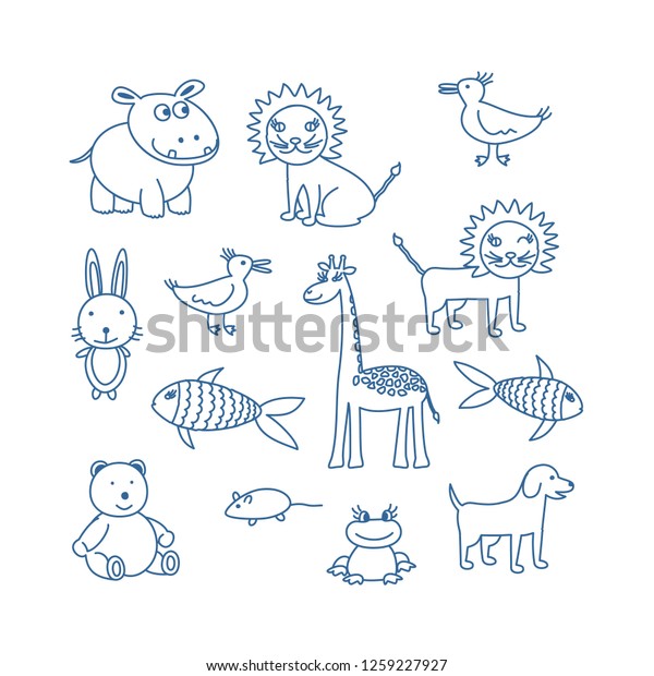 Childrens Doodle Animals Set Hippopotamus Lion Stock Vector (Royalty ...