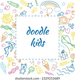 Children's doodle background. Square frame from kids colorful drawings. Template with outline drawn cartoon elements