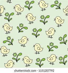 Children's doodle, the color seamless drawing with chickens. The drawing for textiles, wrappings, the press, papers and fabrics. Vector illustration